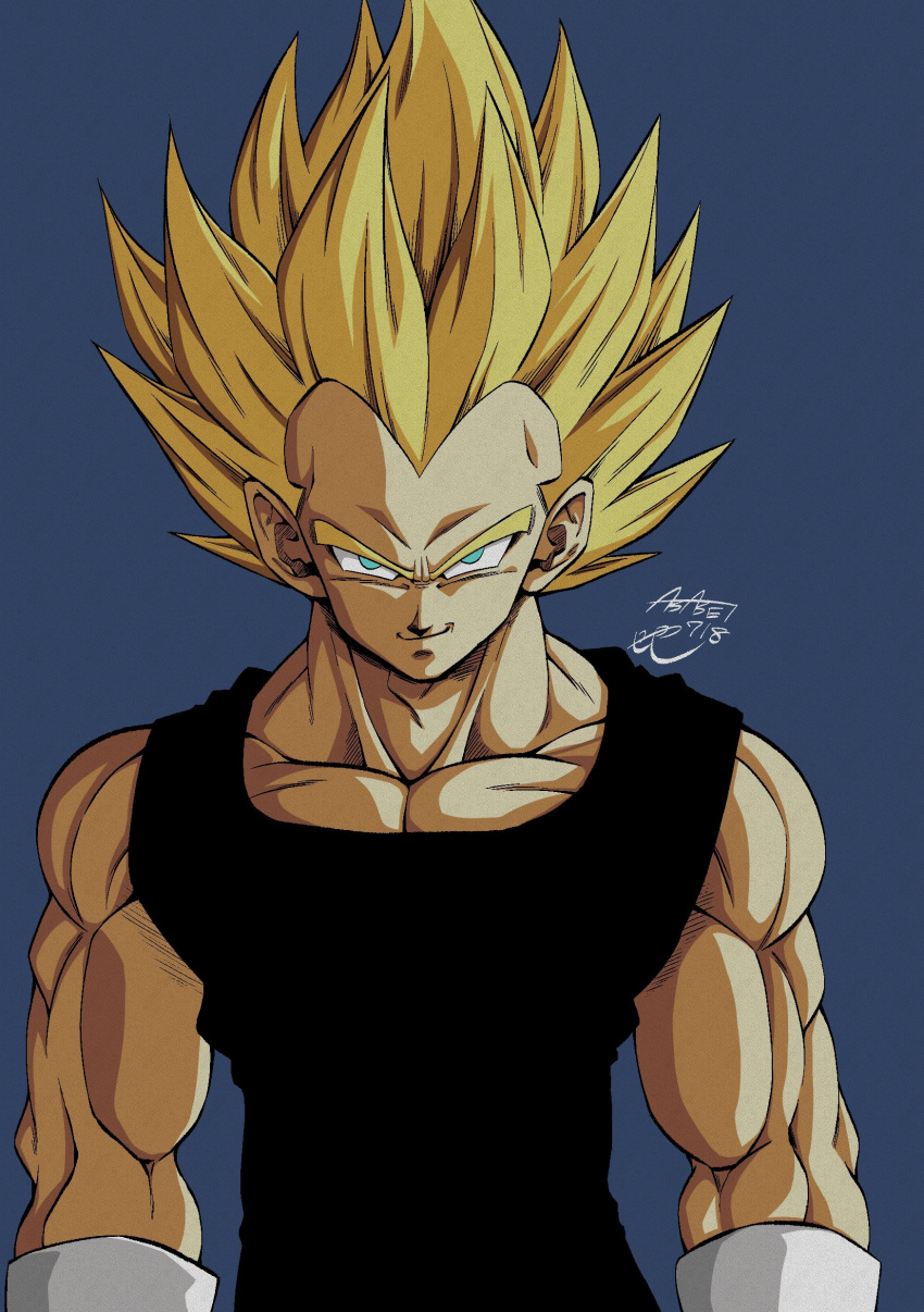 1boy absurdres artist_name biceps black_bodysuit blonde_hair blue_background bodysuit closed_mouth collarbone commentary_request dragon_ball dragon_ball_z gloves green_eyes highres looking_at_viewer male_focus muscular muscular_male pectorals seya_(asasei_718) signature simple_background sleeveless sleeveless_bodysuit smile smirk solo spiked_hair super_saiyan super_saiyan_1 upper_body v-shaped_eyebrows vegeta white_gloves widow's_peak