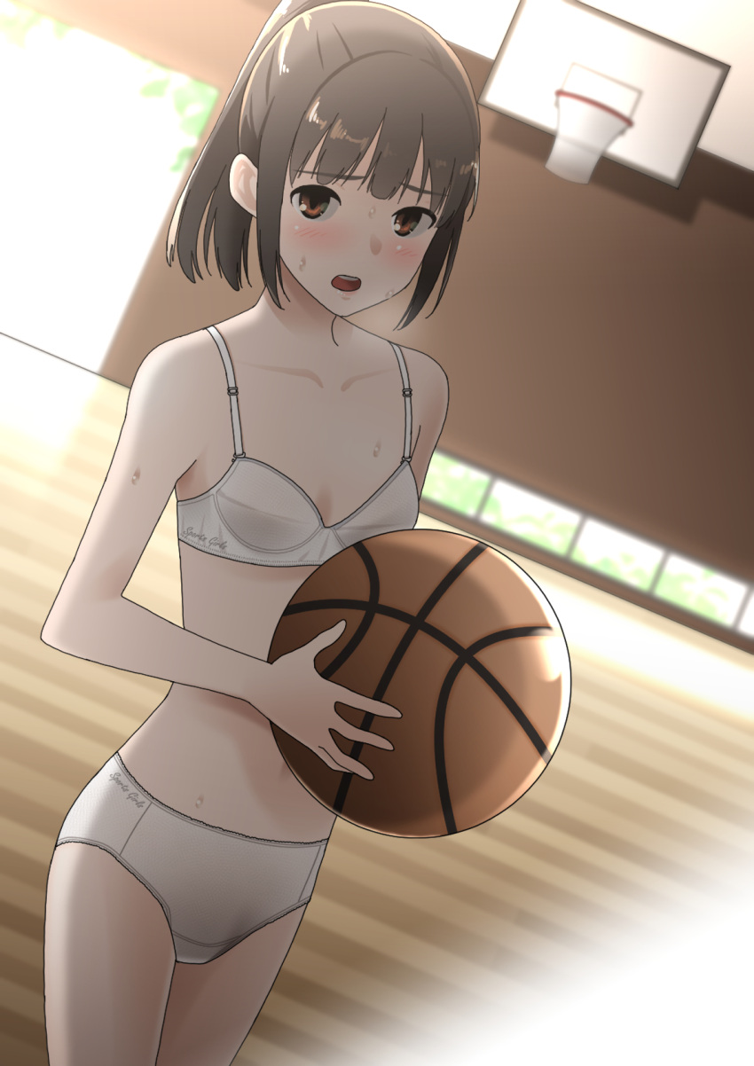 1girl :o ball bare_shoulders basketball_(object) basketball_court basketball_hoop blunt_bangs blush bra breasts brown_hair collarbone commentary dutch_angle embarrassed gym highres holding holding_ball indoors long_hair looking_at_viewer midriff nervous open_door open_mouth original panties pen-racket punishment_game raised_eyebrows sidelocks small_breasts standing strip_game sweat thigh_gap underwear white_bra white_panties window wooden_floor