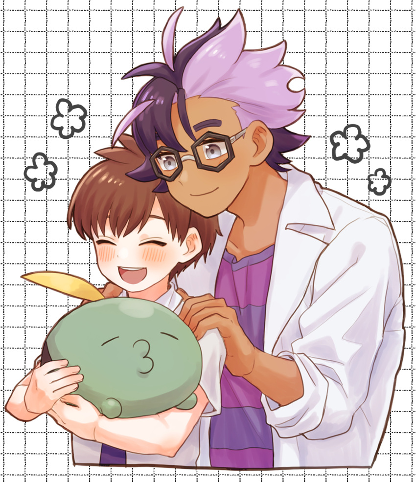 2boys :d blush brown_hair closed_eyes closed_mouth coat commentary_request florian_(pokemon) flower_(symbol) glasses grey_eyes grid_background gulpin highres holding holding_pokemon jacq_(pokemon) male_focus mochi_(mocchi_p_2m) multiple_boys necktie open_clothes open_coat open_mouth pokemon pokemon_(creature) pokemon_(game) pokemon_sv purple_hair purple_necktie shirt short_hair short_sleeves smile striped striped_shirt teeth tongue upper_teeth_only white_coat