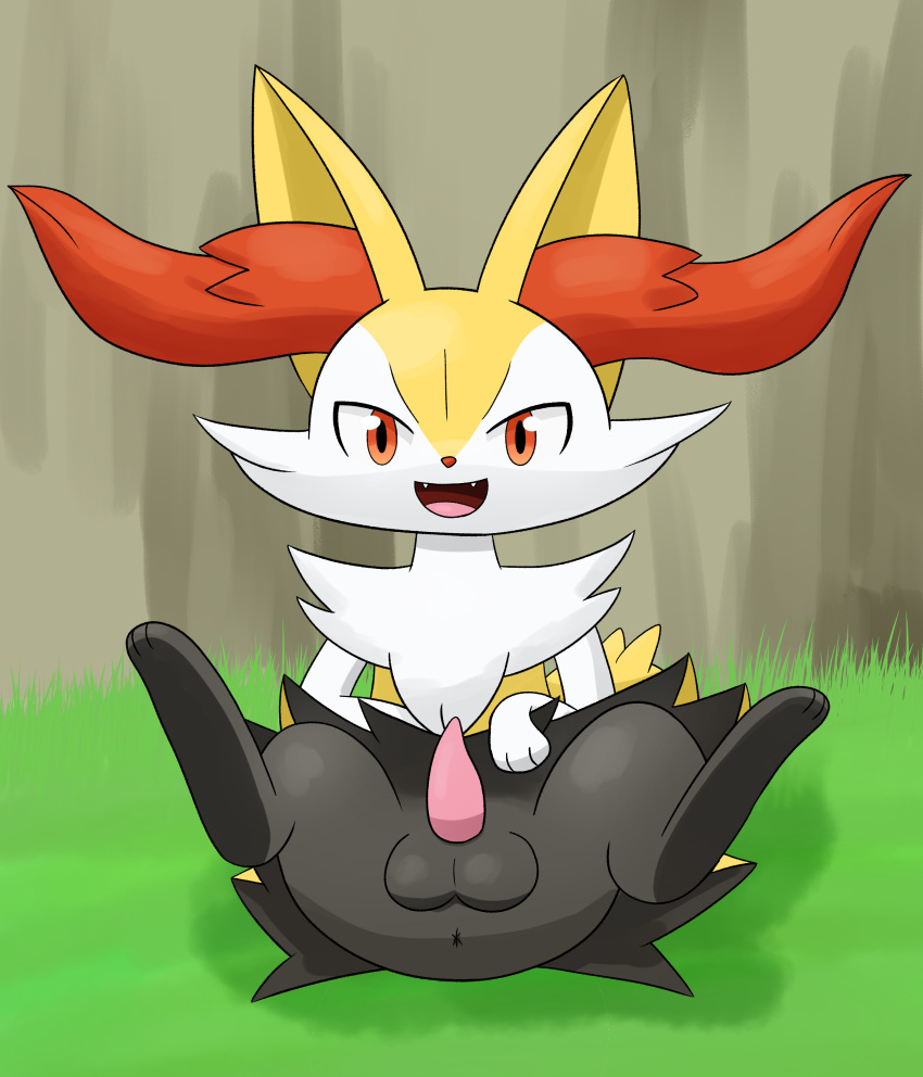 absurd_res anthro anus balls black_body braixen butt generation_6_pokemon genitals hi_res looking_at_viewer male nintendo open_mouth paws penis pokemon pokemon_(species) red_eyes solo spread_legs spreading tokumei_tm white_body yellow_body