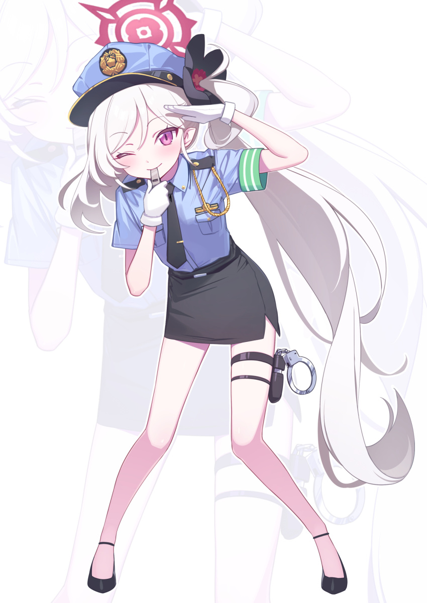 1girl black_flower blowing_whistle blue_archive blush cuffs deadnooodles flower gloves hair_flower hair_ornament halo handcuffs hat highres long_hair looking_at_viewer mutsuki_(blue_archive) one_eye_closed pencil_skirt pointy_ears police police_badge police_hat police_uniform policewoman purple_eyes salute shirt side_ponytail skirt smile solo uniform whistle white_hair
