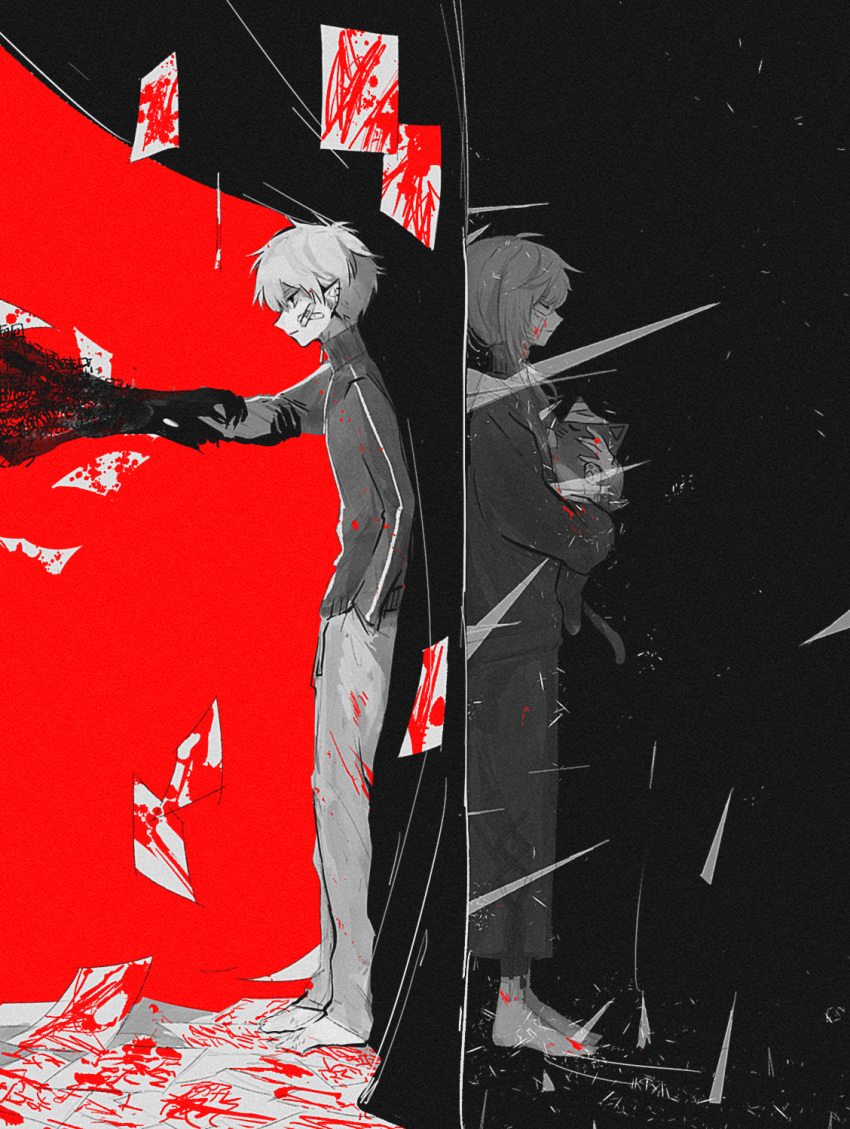 2boys black_background blood blood_on_clothes blood_on_face chronoir closed_eyes greyscale_with_colored_background highres kanae_(nijisanji) kuzuha_(nijisanji) low_ponytail male_focus multicolored_background multiple_boys nijisanji nora_(misato0301) red_background roto_(kanae) short_hair virtual_youtuber