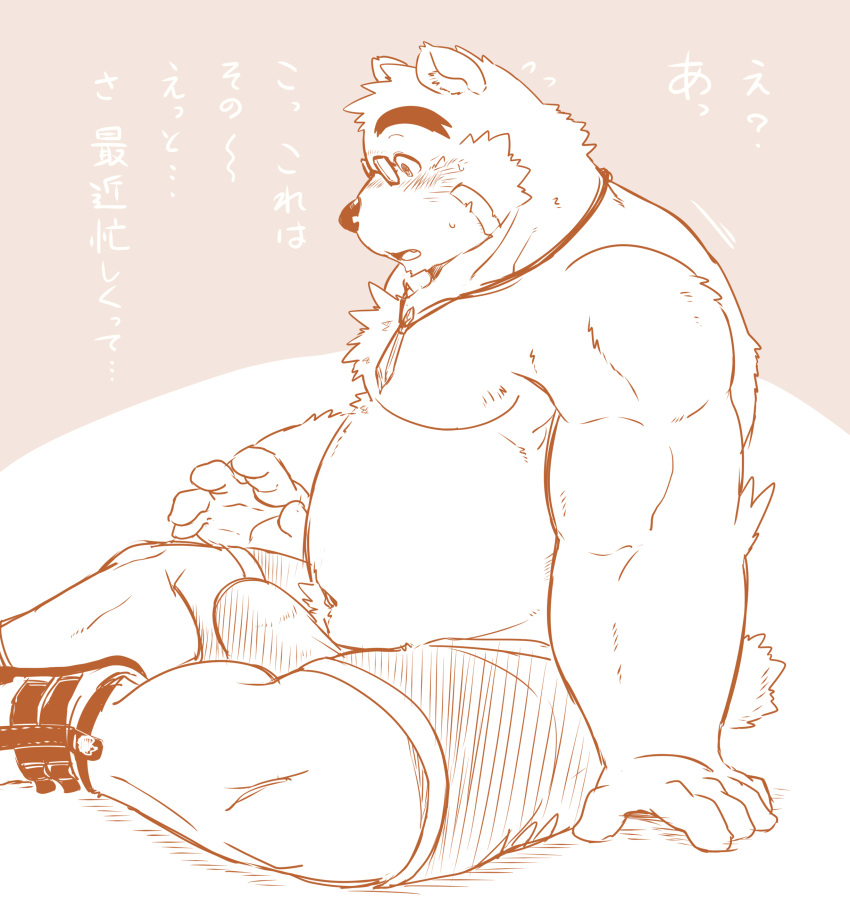 2023 absurd_res anthro bear belly blush bulge clothing eyewear glasses hi_res humanoid_hands japanese_text kemono lifewonders male mammal moku_nameko moobs musclegut overweight overweight_male sitting solo text tokyo_afterschool_summoners underwear volos