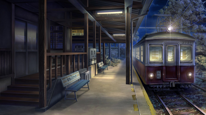 bench blue_sky building bush cloud cloudy_sky day door grass headlight highres meron_2770 night night_sky no_humans original plant railroad_tracks scenery shadow sky train train_station train_station_platform tree