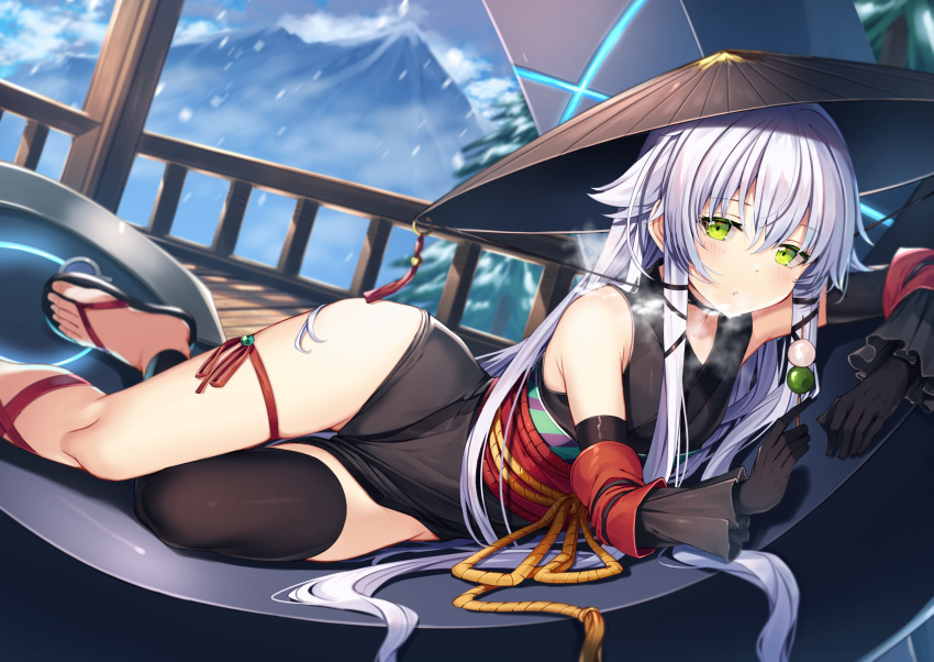 1girl :o altina_orion black_footwear black_gloves black_headwear black_kimono black_ribbon blush commentary detached_sleeves eiyuu_densetsu feet flat_chest food foot_out_of_frame gloves green_eyes gurasion_(gurasion) hair_between_eyes hair_ribbon hat highres holding holding_food japanese_clothes jingasa kimono legs long_hair long_sleeves looking_at_viewer lying mountain obi on_side pine_tree revision ribbon sandals sash sen_no_kiseki snowing solo thigh_strap toes tree very_long_hair white_hair wooden_floor