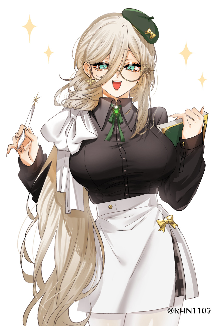 1girl :d absurdres aia_amare aqua_eyes beret black_shirt blonde_hair book bow breasts earrings gem glasses green_gemstone green_headwear green_ribbon hair_bow hat highres holding holding_book holding_pen jewelry large_breasts long_hair neck_ribbon nijisanji nijisanji_en nima_(khn1103) pen ribbon semi-rimless_eyewear shirt simple_background single_earring skirt smile solo sparkle twitter_username very_long_hair white_background white_bow white_skirt