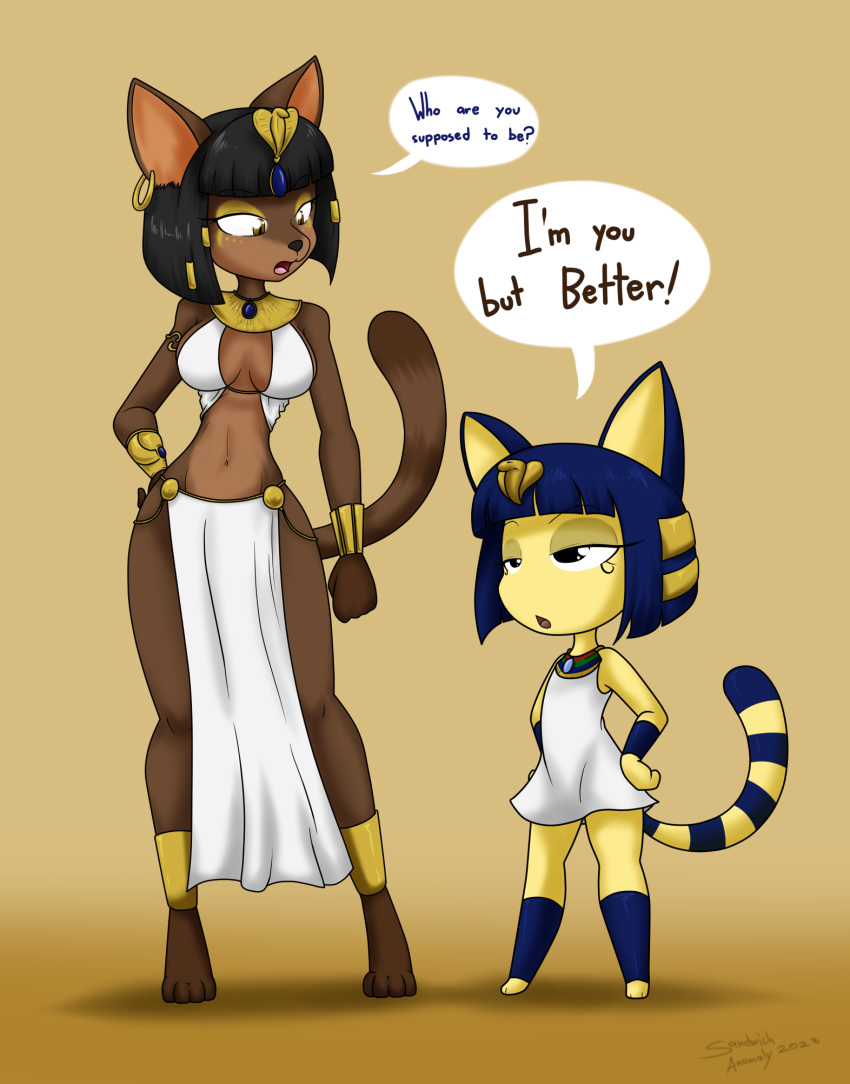 2023 3_toes 4_toes animal_crossing ankha_(animal_crossing) anthro armor barefoot bast black_eyes black_hair blue_body blue_fur blue_hair bracers breasts brown_body brown_eyes brown_fur clothing deity dialogue domestic_cat duo ear_piercing ear_ring egyptian_clothing egyptian_headdress egyptian_mythology english_text eyeshadow feet felid feline felis female flat_chested fur gold_(metal) gold_bracers gold_jewelry gold_neckwear hair hi_res jewelry makeup mammal markings medium_breasts middle_eastern_mythology multicolored_body multicolored_fur mythology nintendo open_mouth pelvic_curtain piercing ring_piercing sandwich-anomaly shirt simple_background size_difference speech_bubble standing striped_markings striped_tail stripes tail tail_markings text toes topwear two_tone_body two_tone_fur white_clothing white_shirt white_topwear yellow_background yellow_body yellow_eyeshadow yellow_fur