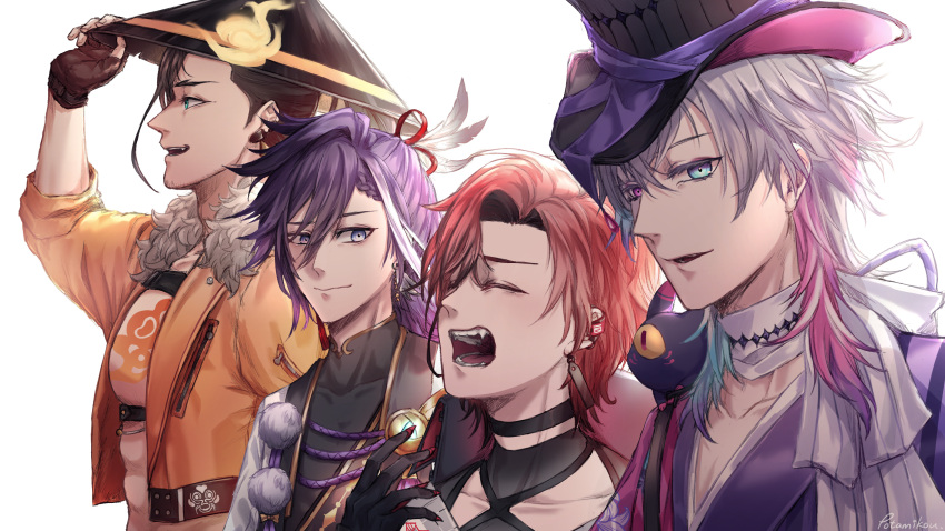 4boys absurdres banzoin_hakka blue_eyes earrings fingerless_gloves fur_trim gavis_bettel gloves hat heterochromia highres holostars holostars_english holotempus jacket jewelry josuiji_shinri large_pectorals looking_at_viewer machina_x_flayon male_focus multicolored_hair multiple_boys parted_lips pectorals phantom_(gavis_bettel) potamikouu purple_eyes purple_hair red_hair top_hat virtual_youtuber white_background yawning yellow_jacket zipper