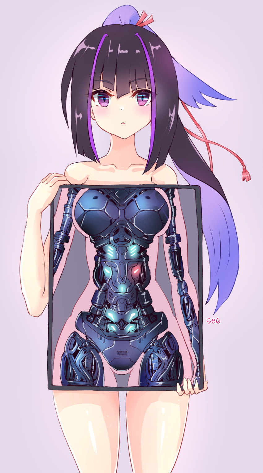 1girl absurdres android blush empty_eyes error highres holding karasuba_(prima_doll) lights looking_at_viewer machine mechanical_parts metal multicolored_hair nude prima_doll_(anime) purple_eyes rasen_manga ribbon robot_girl simple_background skeleton solo static_eyes x-ray