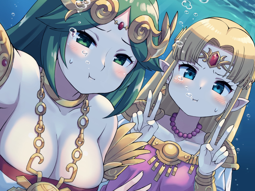 2girls :i :t air_bubble bare_shoulders blonde_hair blush breasts bubble cleavage closed_mouth collarbone commentary_request commission double_v dress elf forehead_jewel green_eyes green_hair holding_breath kid_icarus large_breasts long_hair looking_at_viewer multiple_girls palutena parted_bangs pink_dress pixiv_commission pointy_ears princess_zelda selfie super_smash_bros. the_legend_of_zelda tsunaso_(lack_of_sunlight) underwater v water