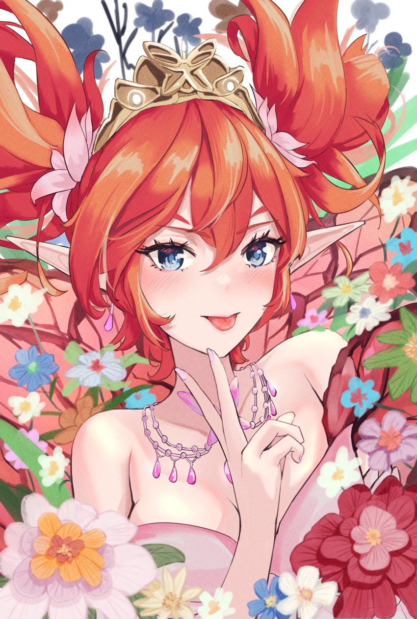 1girl :p bare_shoulders blue_eyes blush breasts cleavage collarbone fairy feo_ul final_fantasy final_fantasy_xiv flower hair_flower hair_ornament highres looking_at_viewer neck orange_hair pointy_ears shiro_kitsune_(showtime1122) short_twintails solo tongue tongue_out twintails upper_body