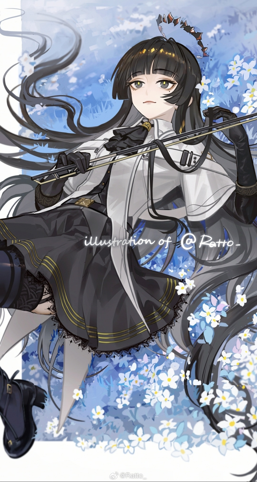 1girl antenna_hair arknights artist_name asamayuki_ra ascot belt belt_buckle black_ascot black_belt black_bustier black_eyeshadow black_footwear black_garter_straps black_gloves black_hair black_halo black_skirt black_thighhighs blue_theme blunt_bangs blurry blurry_edges border bow_(music) broken_halo buckle bustier buttons closed_mouth collared_jacket colored_inner_hair commentary_request cowboy_shot dark_halo day dress_shirt eyelashes eyeshadow flower from_above garter_straps gloves grass grey_eyes grey_hair grey_shirt hair_flowing_over hair_spread_out halo hands_up high_heels highres hime_cut holding holding_bow_(music) holding_hair holding_own_hair jacket knee_up layered_sleeves leaf light_smile lips long_hair long_sleeves looking_afar looking_ahead lying makeup miniskirt mole mole_under_eye multicolored_hair on_back on_grass on_ground outdoors outside_border pale_skin pleated_skirt shadow shirt short_over_long_sleeves short_sleeved_jacket short_sleeves sidelocks skirt solo straight_hair strappy_heels sunlight thighhighs two-tone_hair very_long_hair virtuosa_(arknights) watermark weibo_logo weibo_username white_belt white_border white_flower white_jacket wide_sleeves wing_collar yellow_pupils zettai_ryouiki