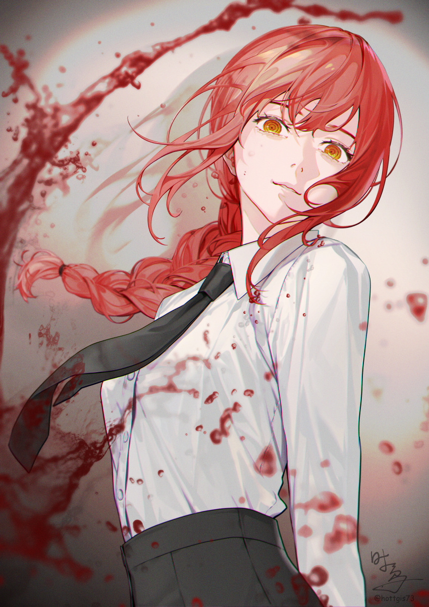 1girl absurdres artist_name black_necktie black_pants blood blood_drop blood_on_clothes blood_on_face braid breasts brown_background buttons chainsaw_man closed_mouth collared_shirt gradient_background grey_background hair_between_eyes hair_ornament highres long_hair long_sleeves looking_at_viewer makima_(chainsaw_man) medium_breasts necktie pants red_eyes red_hair red_necktie ringed_eyes shadow shi_niao shirt sidelocks smile solo standing teeth white_shirt
