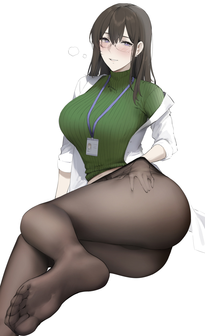 1girl absurdres alios_arvin ass black_pantyhose blush breasts brown_hair chinese_commentary commentary double-parted_bangs earrings feet foot_out_of_frame foreshortening glasses green_sweater hair_between_eyes hand_under_clothes highres id_card jewelry lab_coat lanyard large_breasts legs long_hair long_sleeves looking_at_viewer lying mole mole_under_eye on_side open_labcoat original pantyhose parted_lips purple_eyes ribbed_sweater rimless_eyewear see-through see-through_legwear simple_background single_earring sitting smile soles solo sweater teeth thighs toes turtleneck turtleneck_sweater white_background