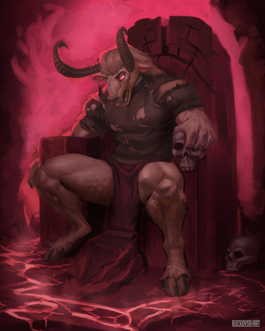 absurd_res anthro bared_teeth blackshirtboy bone bottomwear bovid buckovskiart caprine caprine_demon chain chain_collar chain_necklace chair clothing collar demon demonic demonic_eyes fantasy female fur furniture goat goat_demon hair hi_res hooves hooves-art horn jewelry lava loincloth loincloth_down male male/female mammal muscle_shirt muscle_tone muscular neckchain necklace red_eyes resting resting_arm shirt skull solo teeth_showing throne throne_room topwear torn_clothing white_body white_fur