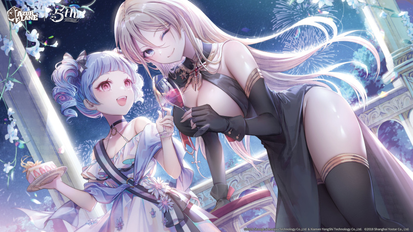 2girls absurdres azur_lane bismarck_(azur_lane) black_dress black_thighhighs blonde_hair blue_eyes blue_hair bow breasts cake cake_slice cleavage cup curly_hair dress drinking_glass fireworks flower food hair_bow highres jewelry logo long_hair multiple_girls night night_sky one_eye_closed open_mouth ozzingo party pillar red_eyes sash sky smile thighhighs twintails u-556_(azur_lane) wine_glass yostar