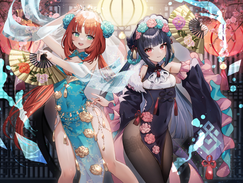 2girls abandon_ranka alternate_costume aqua_eyes arm_up armpits bare_arms bare_shoulders belly_chain black_dress black_hair blue_dress bonnet breasts brown_pantyhose china_dress chinese_clothes cleavage cleavage_cutout clothing_cutout covered_navel detached_sleeves dress flower folding_fan genshin_impact gold_trim hair_flower hair_ornament hand_fan highres holding jewelry long_hair looking_at_viewer low_twintails medium_breasts multiple_girls nilou_(genshin_impact) no_panties open_mouth pantyhose parted_lips pelvic_curtain red_eyes red_hair shawl sleeveless sleeveless_dress smile standing thighs twintails veil very_long_hair wide_sleeves yun_jin_(genshin_impact)