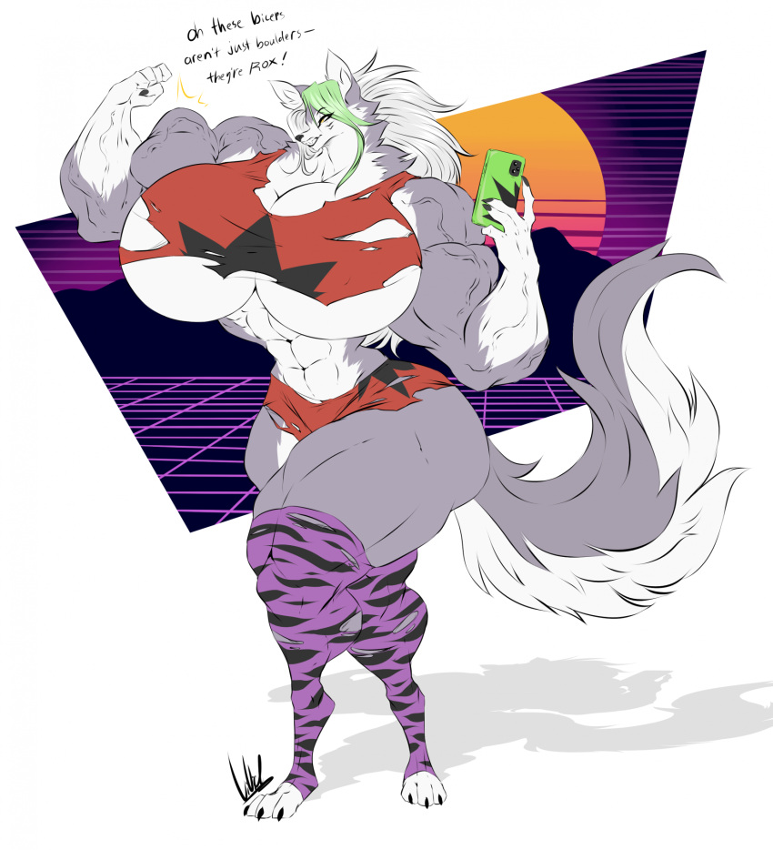 abs anthro big_breasts breasts canid canine canis cellphone clothing crop_top dialogue dullvivid english_text female five_nights_at_freddy's five_nights_at_freddy's:_security_breach flexing_bicep fur green_highlights grey_body grey_fur hair half-closed_eyes hi_res highlights_(coloring) huge_breasts legwear mammal multicolored_body multicolored_fur muscle_tone muscular muscular_anthro muscular_female narrowed_eyes phone roxanne_wolf_(fnaf) scottgames selfie shirt smartphone smile smirk smug smug_face smug_grin solo steel_wool_studios stockings text topwear torn_clothing torn_legwear torn_shirt torn_stockings torn_topwear two_tone_body two_tone_fur vaporwave vascular white_body white_fur white_hair wolf