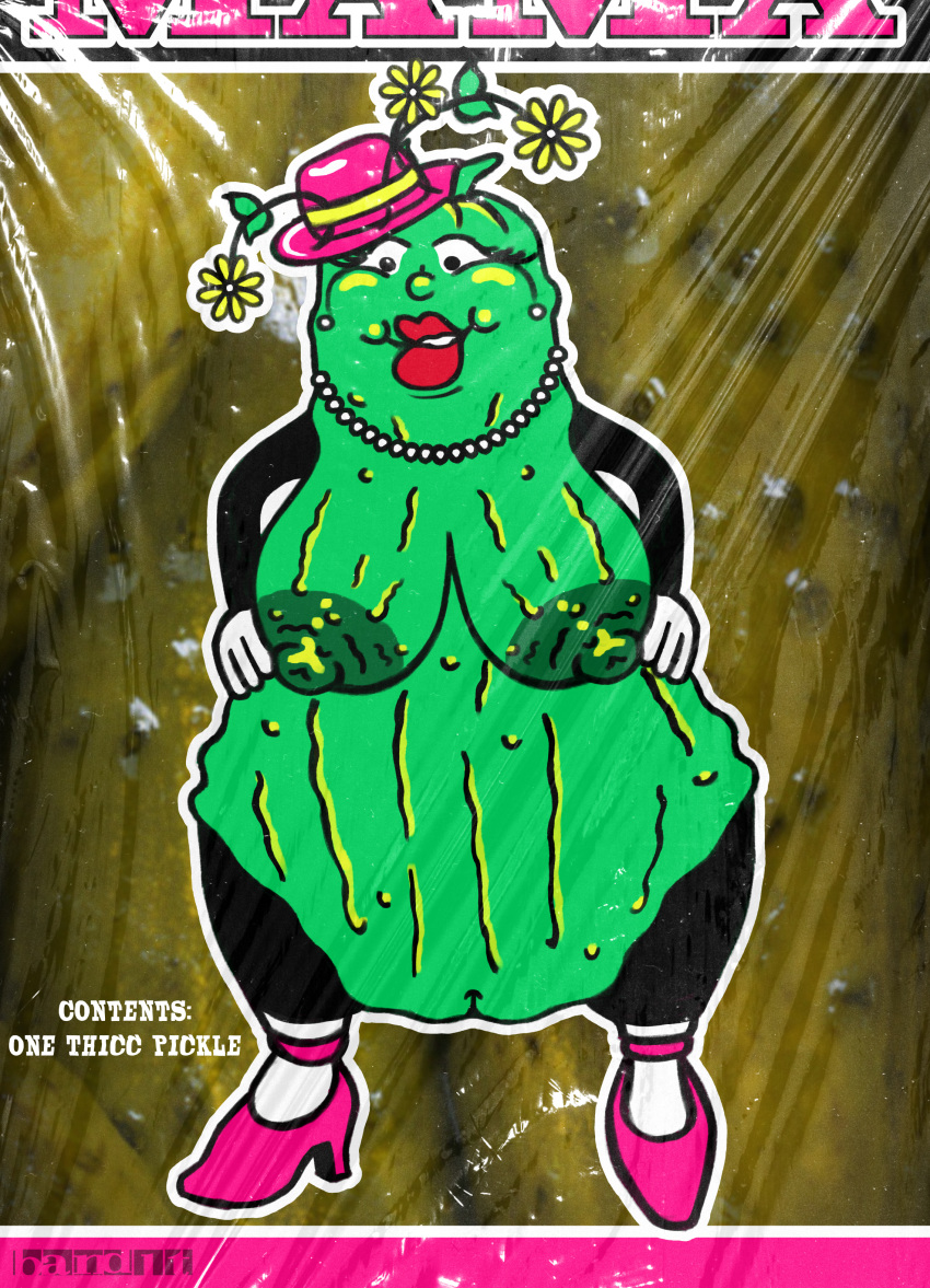 absurd_res animate_inanimate anthro areola band1tnsfw big_areola big_breasts breasts clothing digital_drawing_(artwork) digital_media_(artwork) dsl english_text eyelashes female flower food footwear gem glistening glistening_body gloves green_body handwear hat headgear headwear hi_res high_heels hot_mama_pickle jewelry lips lipstick long_eyelashes makeup necklace nude overweight overweight_anthro overweight_female pearl_(gem) pearl_necklace pickle_(food) pink_clothing pink_footwear pink_hat pink_headwear pink_shoes plant portrait red_lips red_lipstick shaded shoes simple_shading solo text thick_lips thick_thighs wide_hips