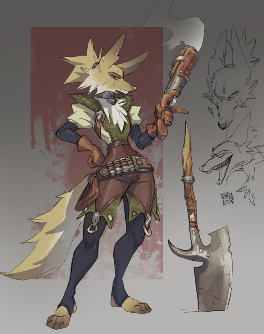 anthro belt black_eyes bullet_belt canid canine chest_tuft clothed clothing collar female fluffy fluffy_tail foresttherotten fox gloves gun hair halberd handwear hi_res leather leather_clothing leather_gloves leather_handwear mammal melee_weapon model_sheet pink_nose polearm ponytail puffy_sleeves ranged_weapon red_sclera smoking_gun solo tail tuft vampire_hunter_(foresttherotten) weapon