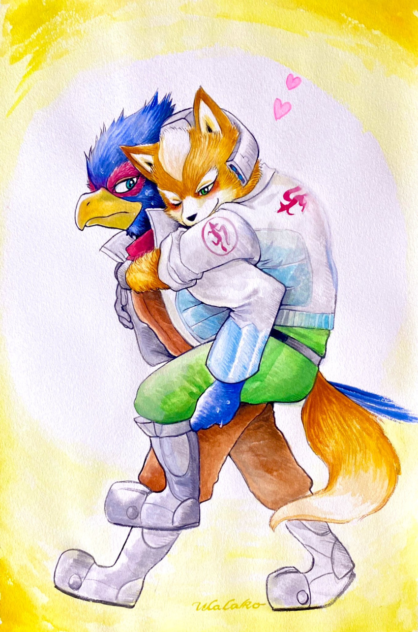 &lt;3 anthro avian bird blush canid canine clothed clothing duo falco_lombardi feathers fox fox_mccloud fur hi_res male male/male mammal nintendo riding_on_back star_fox ulala_ko