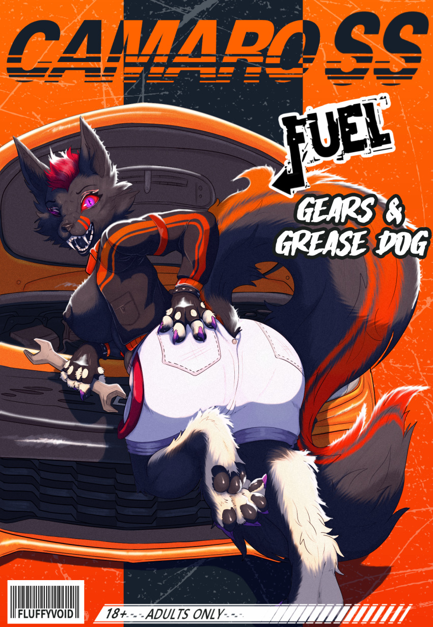 4_toes anthro areola big_breasts big_butt big_tail black_body black_fur black_nipples breasts butt canid canid_demon car claws clothed clothing colored_nails comic demon fangs feet female fluffy_void foot_focus fully_clothed fur hellhound hi_res jacket looking_at_viewer magazine mammal nails nipples pawpads purple_nails red_body red_eyes red_fur short_stack side_boob smile solo tail teeth text thick_thighs toes tools topwear vehicle white_body white_fur wrench