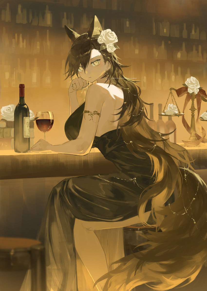 1girl 3pel1 alcohol alternate_costume animal_ears arknights backless_dress backless_outfit bare_arms bare_back bare_shoulders black_dress black_hair bottle commentary_request cup dress drinking_glass flower highres indoors long_hair looking_at_viewer penance_(arknights) rose sitting sleeveless sleeveless_dress solo tail very_long_hair weighing_scale white_flower white_rose wine wine_glass wolf_ears wolf_tail