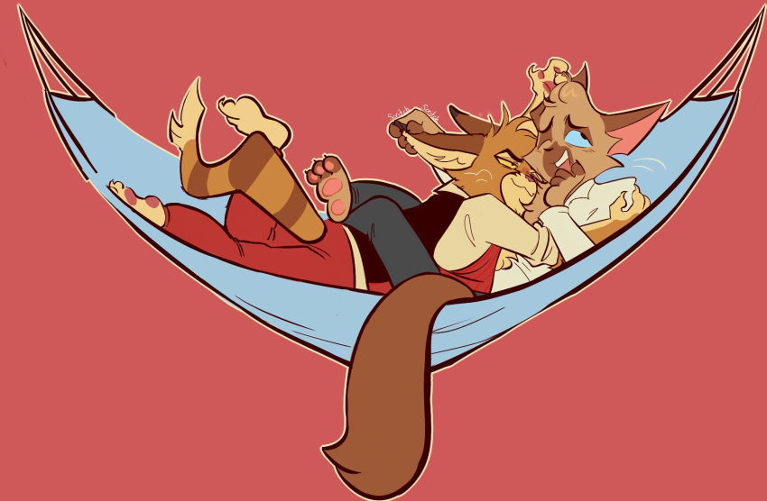 blush clothing cuddling domestic_cat dorian_zibowski duo felid feline felis hammock hi_res lackadaisy male male/male mammal mikkybe sedgewick_sable simple_background webcomic