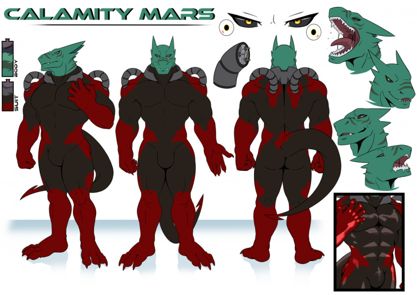 anthro black_sclera bodily_fluids bulge cables calamity_mars claws clothing dragon electrical_plug facial_expressions horn invalid_tag latex lizard male markings model_sheet muscular ocnus orange_eyes pointed_tail reptile rubber rubber_clothing rubber_suit saliva samaraka scalie scar solo super_suit tail teeth tongue villian