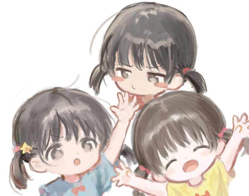3girls arikomen arm_up arms_up averting_eyes blue_shirt blush_stickers brown_eyes brown_hair child closed_eyes female_child hair_ornament highres jitome looking_at_viewer multiple_girls open_mouth original pout shirt short_hair short_sleeves short_twintails sideways_glance simple_background star_(symbol) star_hair_ornament t-shirt tareme twintails white_background yellow_shirt