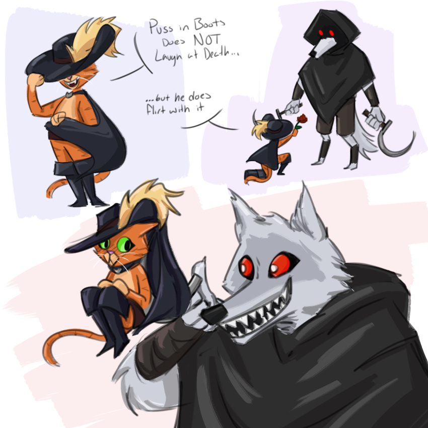 anthro arm_strap arm_wrapping arm_wraps armband armwear barefoot belt big_eyes bizarre-blues black_nose black_pupils black_sclera blush blush_lines boots bottomwear canid canine canis cape claws cloak clothed clothing clothing_lift courting covering covering_eyes covering_face death_(puss_in_boots) dialogue domestic_cat dreamworks dual_holding dual_wielding duo english_text eye_contact facial_markings fangs feathers feet felid feline felis fingernails flirtation flirting flirting_look flower foot_wraps footwear frown fur gift green_eyes green_sclera grey_body grey_fur grin happy hat hat_feather head_markings headgear headwear hi_res holding_object holding_weapon hood hood_up hoodie humor interspecies interspecies_relationship kneeling kneeling_on_one_leg leaf legband legwrap lifted lifting long_tail looking_at_another looking_at_partner looking_down looking_up loose_feather male male/male mammal manhandling markings mask_(marking) mostly_clothed mostly_nude mostly_nude_anthro mostly_nude_male multicolored_body multicolored_fur nails no_shoes offering_to_another on_one_knee orange_body orange_fur pants pink_nose plant poncho prick_ears pupils puss_in_boots_(dreamworks) puss_in_boots_(film) puss_in_boots_the_last_wish raised_clothing raised_hoodie raised_topwear red_eyes red_rose romantic romantic_couple rose_(flower) shadow sharp_claws sharp_fangs sharp_fingernails sharp_nails sharp_teeth shoes sickle simple_background size_difference smile smirk speech_bubble standing striped_body striped_fur striped_markings striped_tail stripes tabby_cat tail tail_markings talking_to_another talking_to_partner talking_to_viewer teeth text topwear two_tone_body two_tone_fur weapon whiskers white_background white_body white_fur white_pupils wolf wrap wrapped_arms wraps