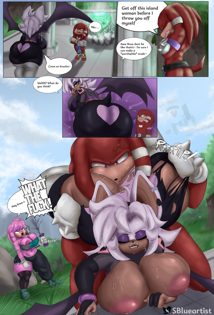 anal anthro archie_comics bat big_breasts bottomwear breasts clothing comic crop_top dialogue digital_media_(artwork) echidna exposed_breasts female green_eyes group hair hi_res huge_breasts julie-su knuckles_the_echidna legwear loincloth makeup male male/female mammal monotreme nipples oral pink_body presenting red_body rimming rouge_the_bat sega sex shirt shocked snowyblue1 sonic_the_hedgehog_(archie) sonic_the_hedgehog_(comics) sonic_the_hedgehog_(series) sound_effects surprise tights topwear torn_clothing trio white_hair