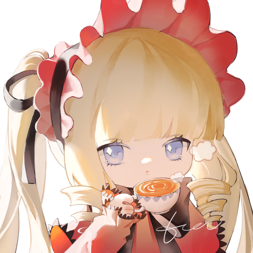 1girl absurdres black_bow black_bowtie blonde_hair blue_eyes bow bowtie chibi cup dress hairband hand_up highres holding holding_cup lolita_hairband long_hair long_sleeves looking_at_viewer parted_lips red_dress red_headwear rozen_maiden shinku sidelocks simple_background solo tea tetee twintails very_long_hair white_background