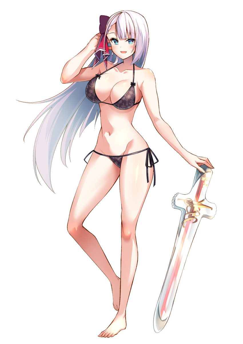 absurdres barefoot blue_eyes bow breasts highres holding holding_sword holding_weapon keigen_hichou leg_up long_hair lyseria_christaria medium_breasts navel red_bow seiken_gakuin_no_maken_tsukai swimsuit sword weapon white_hair