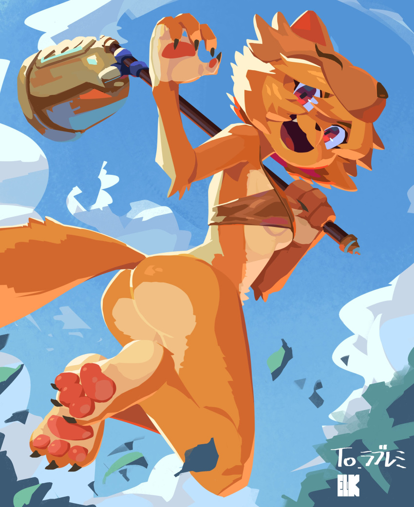 1girl absurdres animal_hands ass bell blonde_hair bottomless bra breasts brown_bra commission cross fang fox_girl fox_hat fox_tail full_body furrification furry furry_female hair_between_eyes highres holding holding_staff jumping kadim looking_at_viewer medium_bangs moonlight_flower open_mouth pawpads ragnarok_online red_eyes second-party_source short_hair skeb_commission small_breasts smile solo staff tail underboob underwear