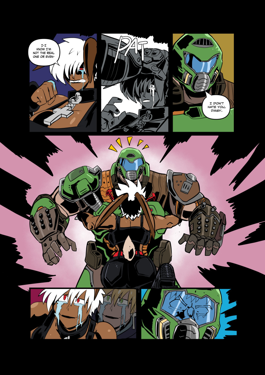 2023 5_fingers absurd_res armor blonde_hair bodily_fluids breasts clothed clothing comic cross cross_necklace crying daisy_(doom) deputy_rust doom_(series) doom_eternal doom_slayer duo embrace female fingers green_eyes hair hand_on_head headgear helmet hi_res hug human id_software jewelry lagomorph leporid male mammal necklace patting_head rabbit red_eyes scut_tail short_tail size_difference tail tears white_hair