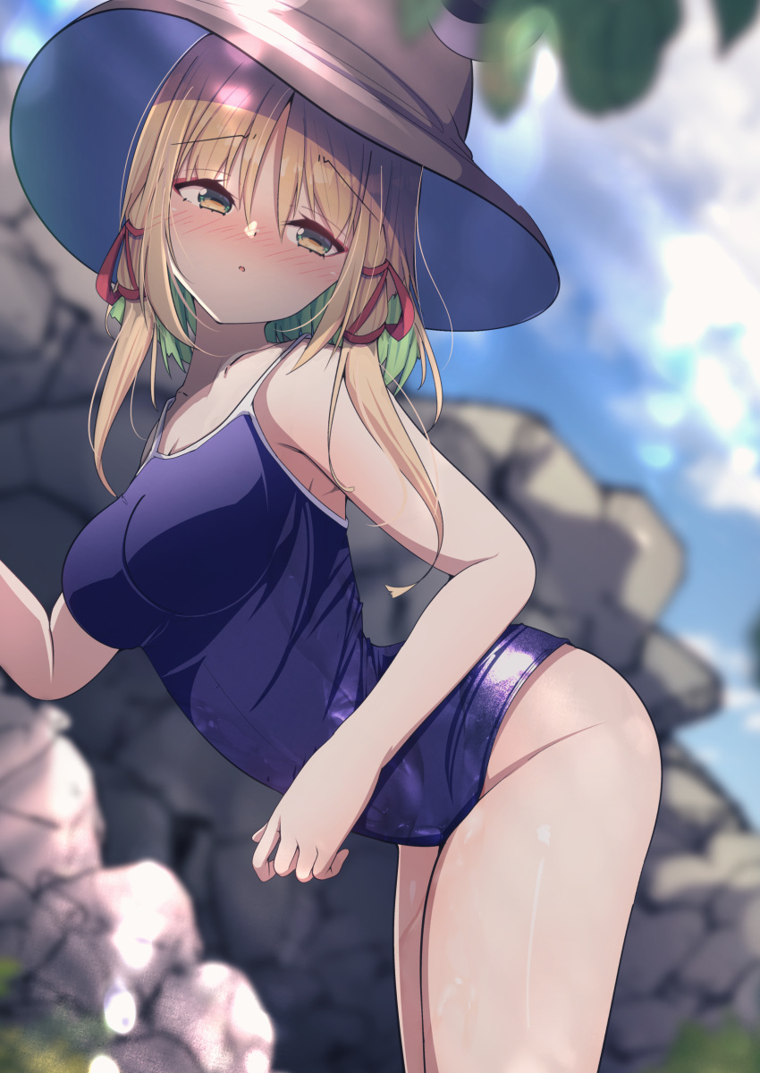 1girl :o absurdres armpit_peek ass bent_over blonde_hair blue_one-piece_swimsuit blue_sky blurry blurry_background blush breasts brown_headwear cleavage cloud collarbone cowboy_shot darumoon furrowed_brow groin hair_ribbon half-closed_eyes hat highres horizontal_pupils long_hair looking_back looking_to_the_side medium_breasts moriya_suwako mountain_of_faith new_school_swimsuit nose_blush one-piece_swimsuit open_mouth outdoors red_ribbon ribbon rock school_swimsuit sidelocks sky solo swimsuit thighs touhou yellow_eyes