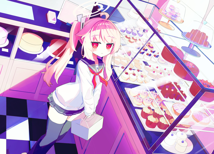 1girl :&gt; bad_perspective black_sailor_collar black_skirt black_thighhighs blonde_hair blue_archive cake cake_slice cake_stand cardigan checkered_floor commentary cowlick cupcake display_case dutch_angle feet_out_of_frame food halo highres holding looking_at_viewer natsu_(blue_archive) neckerchief neumo_(_neumo_) pastry_box plate red_eyes red_neckerchief sailor_collar side_ponytail sidelocks skirt sleeves_past_wrists smile solo thighhighs white_cardigan