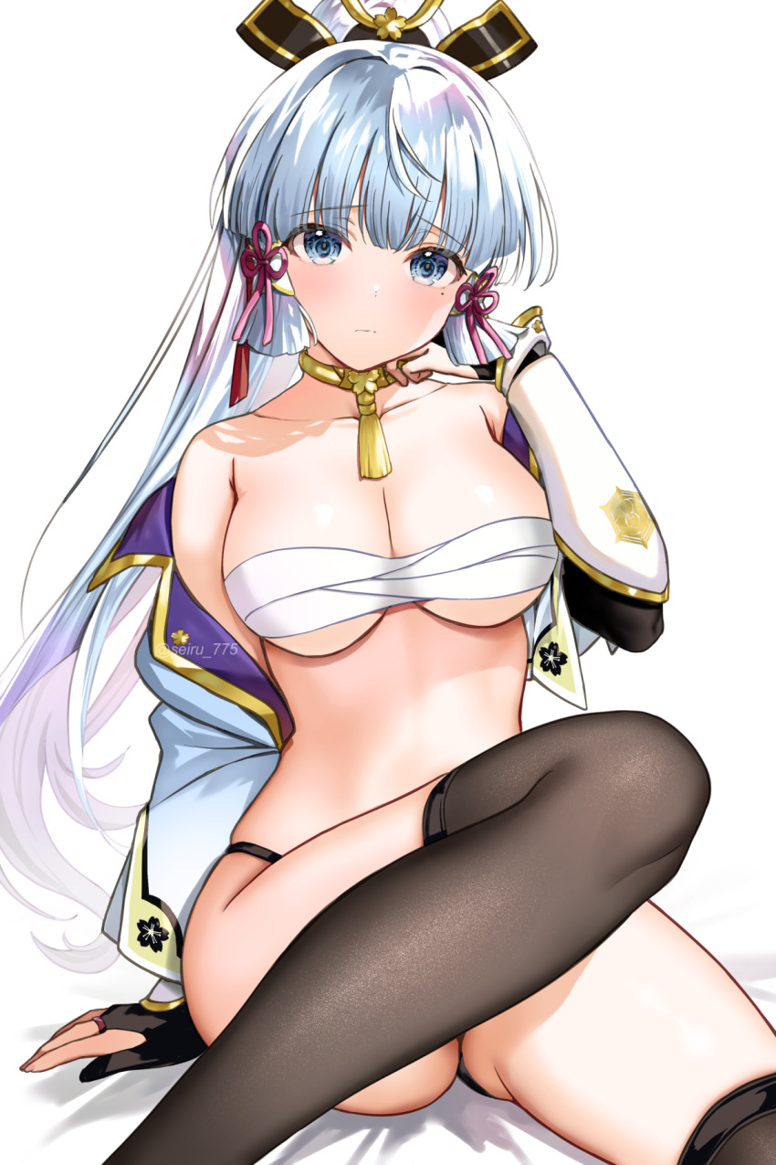 1girl arm_guards bandages bare_shoulders black_thighhighs blue_eyes blue_hair blue_shirt blunt_bangs blush breasts bridal_gauntlets cleavage collarbone detached_sleeves genshin_impact hair_ornament highres jewelry kamisato_ayaka large_breasts light_blue_hair long_hair looking_at_viewer neck_ring off_shoulder open_clothes open_shirt ponytail sarashi seiru_(prairie) shirt short_sleeves sidelocks sitting solo tassel thighhighs thighs