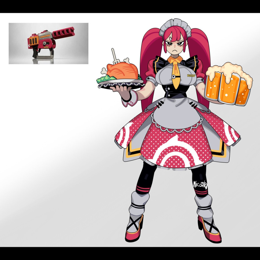 1girl :&lt; alcohol beer beer_mug black_eyes black_pantyhose breasts closed_mouth cup dress foam food highres holding holding_tray large_breasts letterboxed long_hair maid_headdress mug necktie pantyhose personification pink_hair puffy_short_sleeves puffy_sleeves rapid_blaster_pro_(splatoon) reference_inset short_sleeves sido_(slipknot) signature simple_background solo splatoon_(series) standing tray twintails waitress yellow_necktie