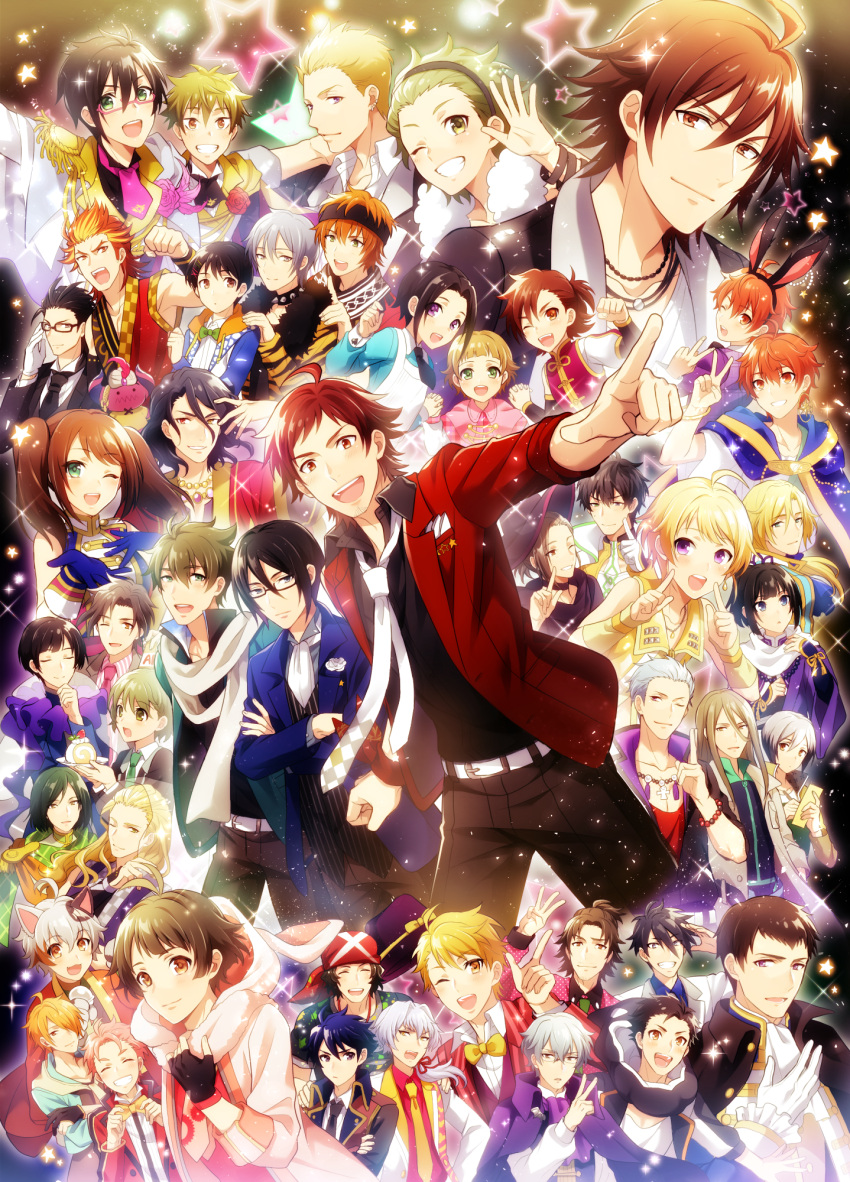 6+boys ahoge akai_suzaku akiyama_hayato akizuki_ryo akuno_hideo altessimo_(idolmaster) amagase_touma animal_ears aoi_kyosuke aoi_yusuke asselin_bb_ii bead_bracelet beads black_hair black_hairband black_headband black_necktie black_pants blackish_961sp_(idolmaster) blonde_hair blue_eyes bracelet brown_eyes brown_hair cafe_parade_(idolmaster) cat_ears crossed_legs dramatic_stars_(idolmaster) enjoji_michiru everyone f-lags_(idolmaster) fake_animal_ears frame_(idolmaster) fuyumi_jun glasses gloves green_eyes green_hair hair_between_eyes hairband hanamura_shoma hand_on_another's_shoulder hazama_michio headband heterochromia high_x_joker_(idolmaster) highres himeno_kanon holding_hands idolmaster idolmaster_side-m ijuuin_hokuto iseya_shiki japanese_clothes jewelry jupiter_(idolmaster) kabuto_daigo kaerre kagura_rei kamiya_yukihiro kashiwagi_tsubasa kimura_ryu kitamura_sora kiyosumi_kuro kizaki_ren koron_chris kurono_genbu kuzunoha_amehiko legenders_(idolmaster) light_brown_hair long_hair maita_rui male_child male_focus mitarai_shouta mizushima_saki mofumofuen_(idolmaster) multicolored_hair multiple_boys necktie nekoyanagi_kirio okamura_nao one_eye_closed orange_eyes orange_hair otoko_no_ko pants pierre_bichelberger pink_hair purple_eyes rabbit_ears red_eyes red_hair s.e.m_(idolmaster) sai_(idolmaster) sakaki_natsuki sakuraba_kaoru scarf shingen_seiji shinonome_soichiro shinsoku_ikkon_(idolmaster) shiron_(shiro_n) sleeveless star_(symbol) streaked_hair tachibana_shiro_(idolmaster) taiga_takeru takajo_kyoji teeth tendo_teru the_kogado_(idolmaster) tsukumo_kazuki tsuzuki_kei twintails upper_teeth_only uzuki_makio w_(idolmaster) wakazato_haruna watanabe_minori white_gloves white_hair yamashita_jiro yellow_eyes