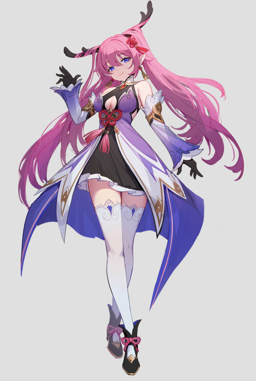 1girl absurdres arm_up black_gloves breasts cleavage_cutout clothing_cutout detached_sleeves earrings gloves hair_ornament highres horns jewelry lance_(lancelliu) long_hair original purple_eyes shoes smile solo standing thighhighs twintails white_background