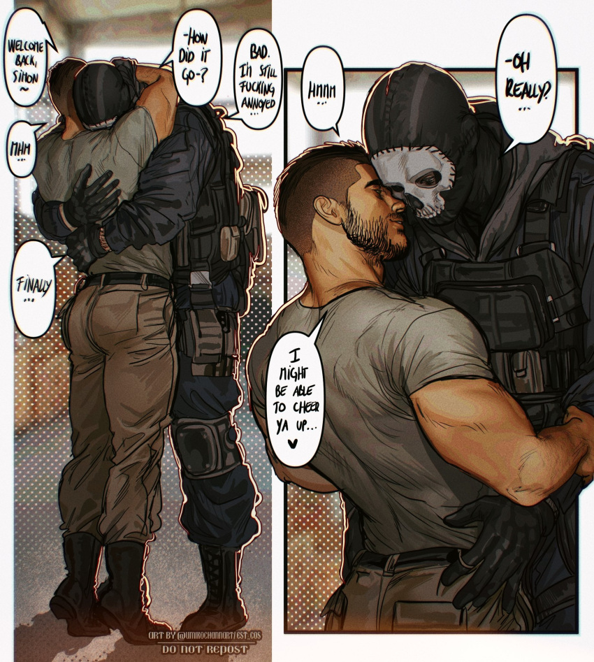 2boys ass bara belt black_belt black_gloves black_hair black_jacket black_pants boots brown_pants bulletproof_vest call_of_duty call_of_duty:_modern_warfare_2 couple english_text facial_hair ghost_(modern_warfare_2) gloves grey_shirt highres hug jacket looking_at_another male_focus mask multiple_boys muscular muscular_male pants shirt short_hair sidecut skull_mask soap_(modern_warfare_2) twitter_username umikochannart yaoi