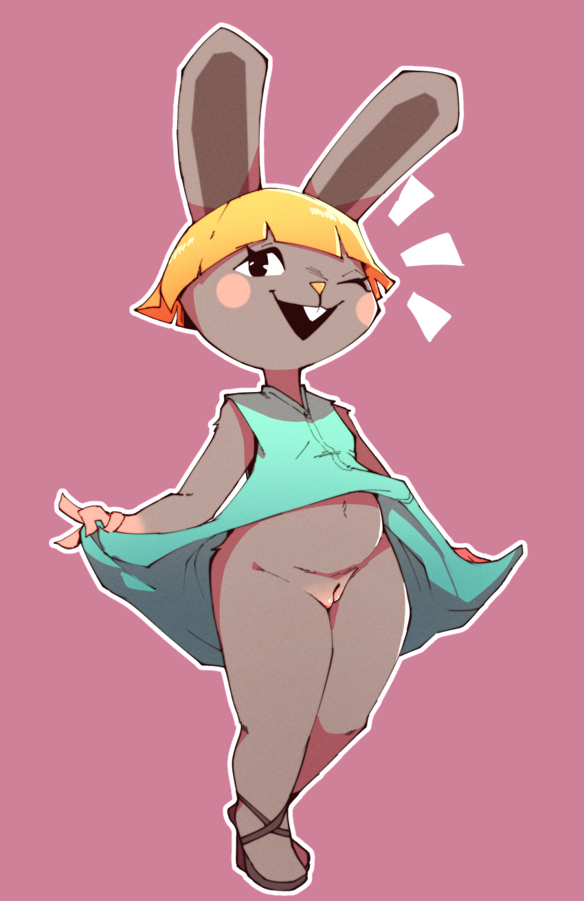 2023 absurd_res animal_crossing anthro blonde_hair bonbon_(animal_crossing) bottomless brown_body brown_fur clothed clothing female fur genitals hair hi_res lagomorph leporid looking_at_viewer lurkin mammal nintendo one_eye_closed open_mouth open_smile pussy rabbit simple_background smile smiling_at_viewer solo wink winking_at_viewer