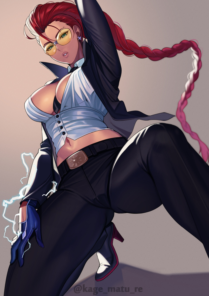 1girl absurdres belt black_necktie black_pants blue_gloves braid breasts collared_shirt crimson_viper dark_skin earrings gloves hair_between_eyes hand_up high_heels highres jewelry kagematsuri large_breasts lightning long_hair long_sleeves navel necktie out_of_frame pants parted_lips red_hair shirt simple_background single_braid solo street_fighter street_fighter_iv_(series) very_long_hair white_shirt