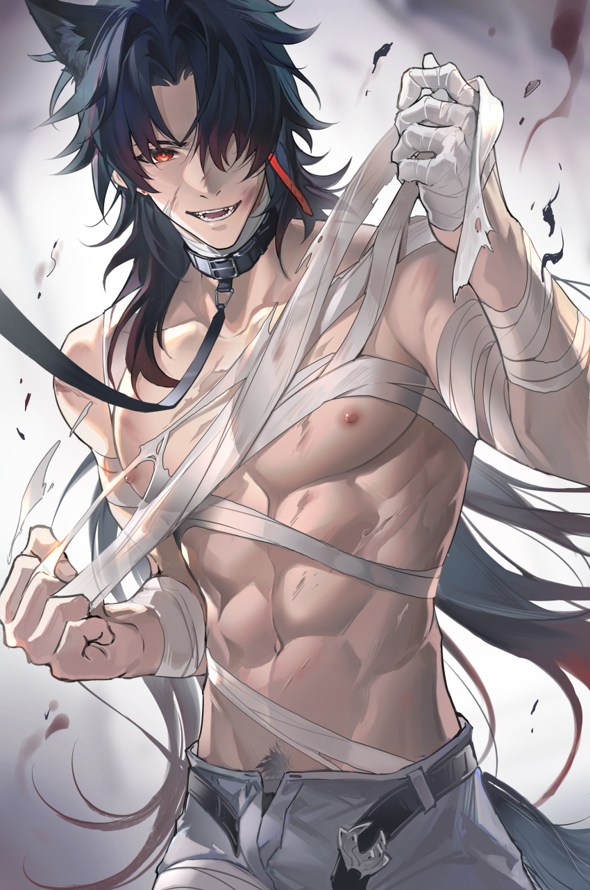 1boy abs absurdres animal_ear_fluff animal_ears bandaged_arm bandaged_hand bandaged_neck bandages belt black_belt black_collar black_hair blade_(honkai:_star_rail) chest_sarashi chinese_commentary clenched_hand collar collarbone commentary_request earrings fangs gradient_hair grey_pants hair_intakes hair_over_one_eye hands_up highres honkai:_star_rail honkai_(series) jewelry leash long_hair looking_at_viewer male_focus male_pubic_hair multicolored_hair navel nipples one_eye_covered open_belt open_fly open_mouth pants parted_bangs pectorals pos_po pubic_hair pubic_hair_peek red_eyes red_hair round_teeth sarashi scar scar_on_arm scar_on_chest sidelocks single_earring solo standing stomach tail teeth tongue torn_sarashi undone_sarashi v-shaped_eyebrows very_long_hair viewer_holding_leash wolf_boy wolf_ears wolf_tail