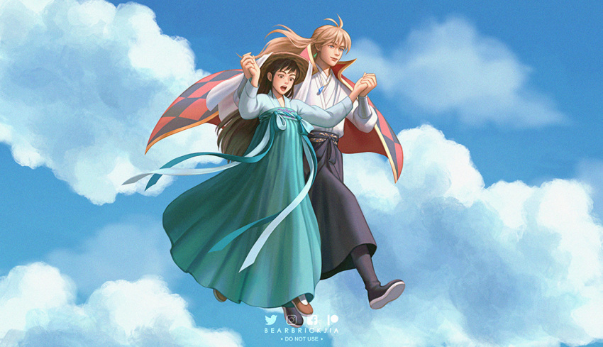 1boy 1girl ahoge alternate_costume aqua_skirt black_footwear blonde_hair boots breasts brown_footwear brown_hair chinese_clothes cloud cloudy_sky diamond_print earrings flats floating hair_between_eyes hanfu holding_hands howl_(howl_no_ugoku_shiro) howl_no_ugoku_shiro jacket jacket_on_shoulders jewelry karmen_loh long_hair long_sleeves necklace open_mouth outdoors shirt skirt sky small_breasts sophie_(howl_no_ugoku_shiro) twitter_username white_shirt