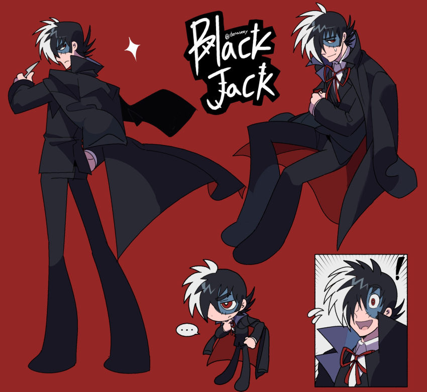 ! ... 1boy black_coat black_jack_(character) black_jack_(series) black_suit character_name chibi chibi_inset coat denaseey emphasis_lines flying_sweatdrops frown hair_over_one_eye hand_on_own_chin hand_on_own_hip highres holding_scalpel looking_at_viewer looking_back multicolored_hair open_mouth patchwork_skin red_background red_eyes red_ribbon ribbon scalpel scar scar_on_face shirt sideburns simple_background sitting smile sparkle speech_bubble split-color_hair stitches suit sweatdrop twitter_username two-tone_hair white_shirt wide-eyed