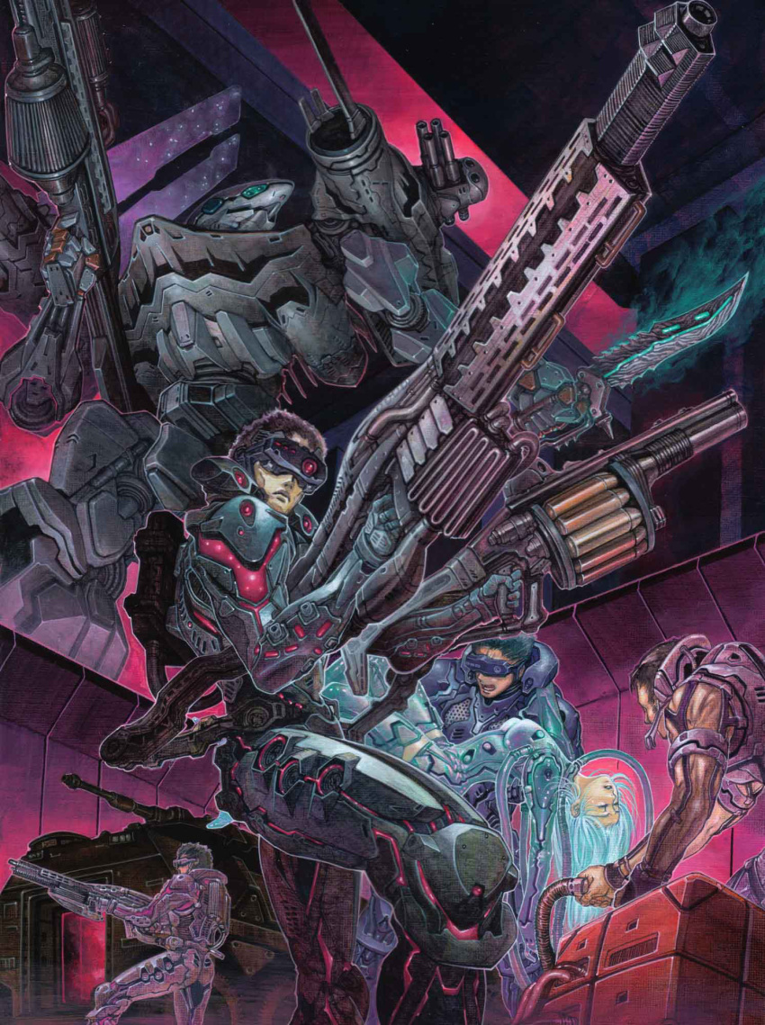 1girl 4boys armored_personnel_carrier armored_vehicle blue_hair breasts brown_hair cable closed_eyes cyberpunk cyborg dual_wielding grenade_launcher gun head_tilt highres holding holding_gun holding_knife holding_weapon knife long_hair looking_down looking_up mecha medium_breasts metalhead_(ttrpg) multiple_boys official_art open_mouth parted_lips robot shoulder_cannon weapon yonemura_kouichirou