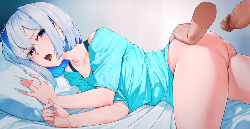 1boy 1girl absurdres amane_kanata ass ass_grab blue_eyes blue_hair blue_shirt collarbone disembodied_limb english_commentary erection grabbing_another's_ass groping hetero highres hololive imminent_penetration looking_at_viewer lying multicolored_hair on_side open_mouth penis pillow pink_hair rat_huang shirt short_hair short_sleeves solo_focus streaked_hair tongue uncensored virtual_youtuber